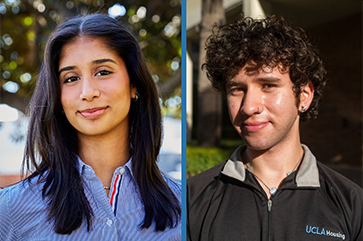 Ritika Sarma in a blue striped shirt stands in front of a tree; Jimmy Mancilla in a gray collared jacket stands in front of a building